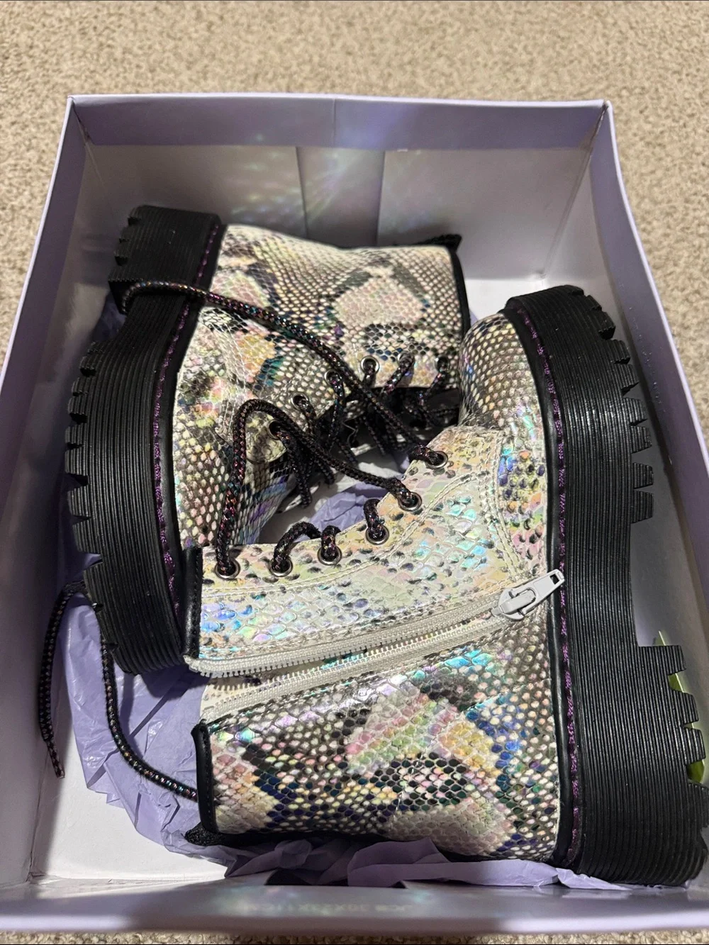 Madden Girl Iridescent Snake-Print Combat Boots - Silver with Multicolor Accents
